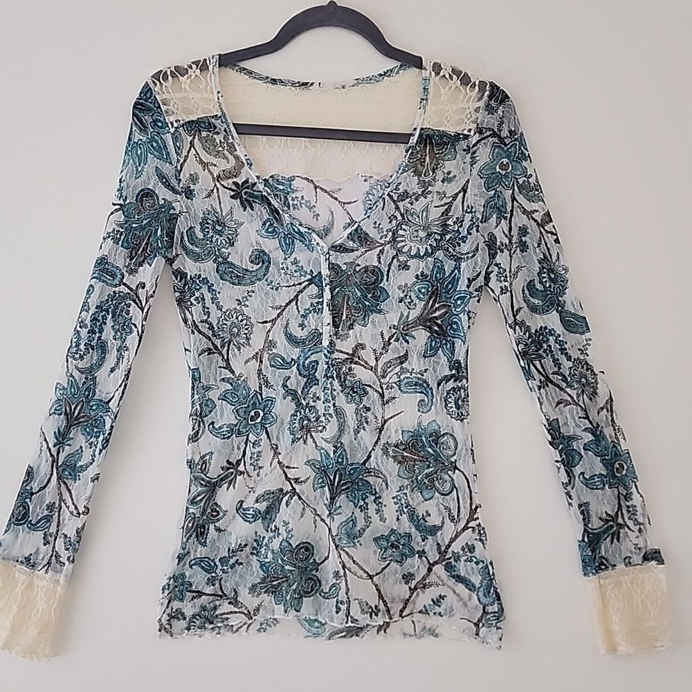 Y2K 90's Blue Floral Semi Sheer Mesh Tulle Beige Lace Trim Fitted Henley Top S E - Picture 4 of 12